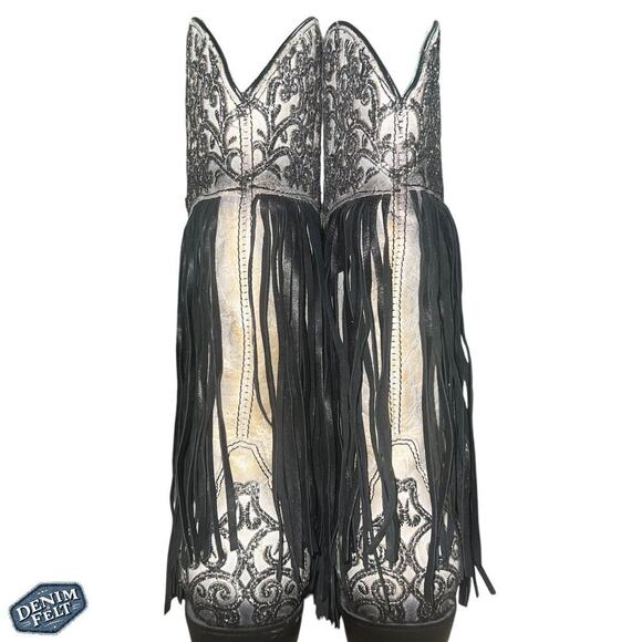 Corral Women’s OVERLAY BLACK EMBROIDERY LAMB FRINGE WHITE SNIP TOE COWBOY BOOT - Picture 6 of 15